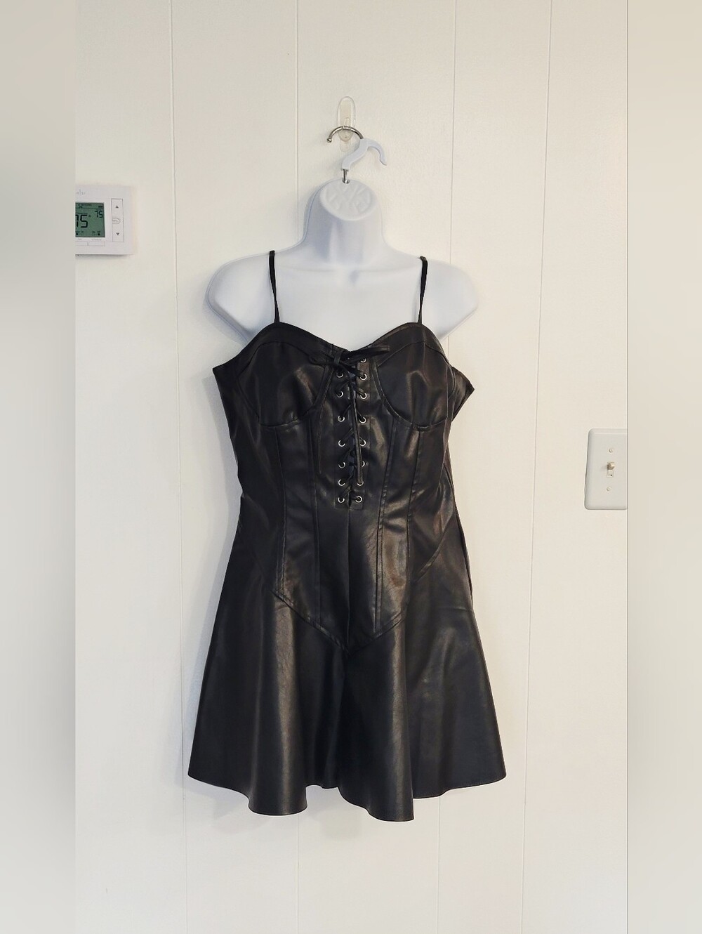 Black Faux Leather Lace-Up Mini Dress